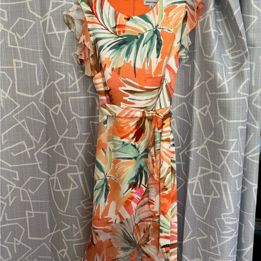 Shelby & Palmer Tropical Floral Belted Ruffle Sleeve Dress Size 12